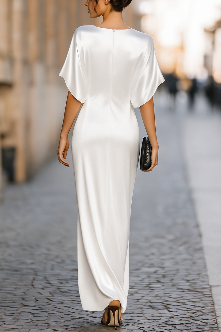 Solid Color Round Neck Short-sleeved Elegant Draped Maxi Dress