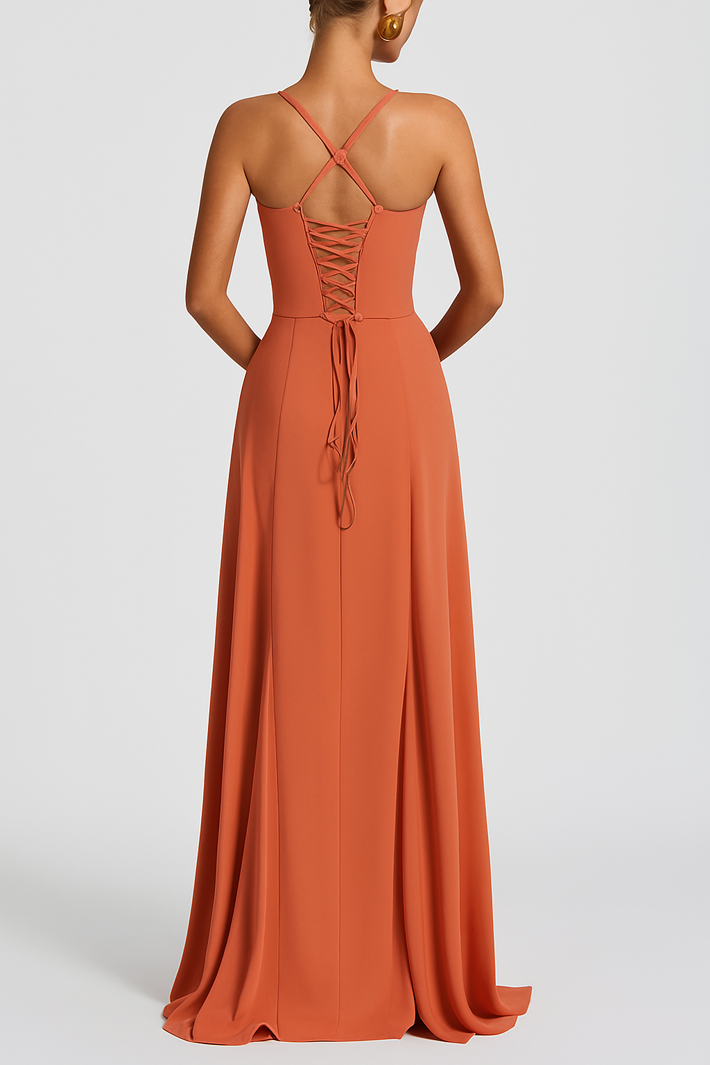 Irie Chiffon Sweetheart Neck Tapered Shoulder Straps Back Lace-up Drape Maxi Dress