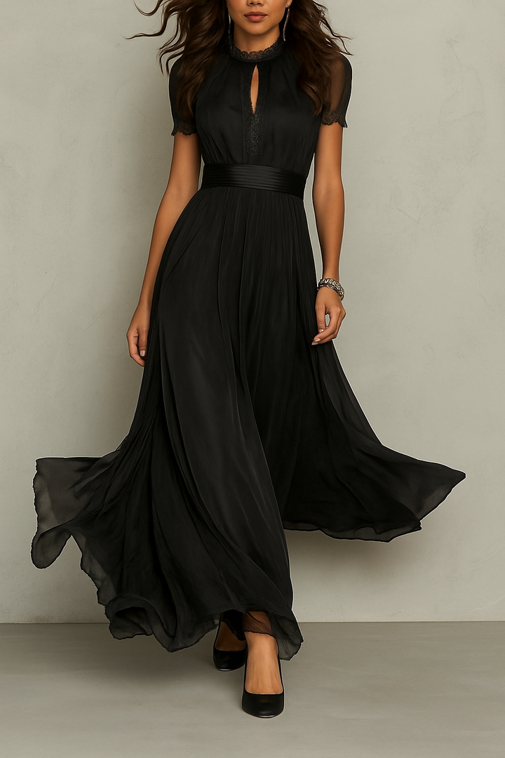 Elegant Lace Trim Keyhole Puff Sleeve Flowing Chiffon Maxi Dress
