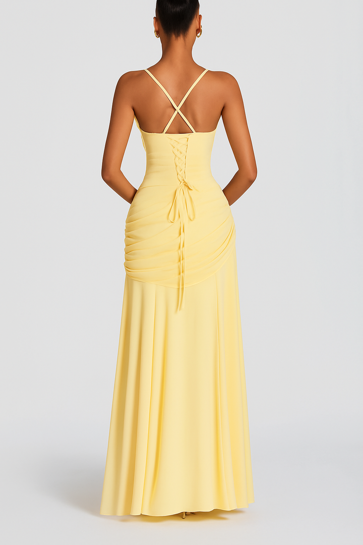 Stylish Spaghetti Strap Square Neck Slim-fit Elegant Pleated Maxi Dress