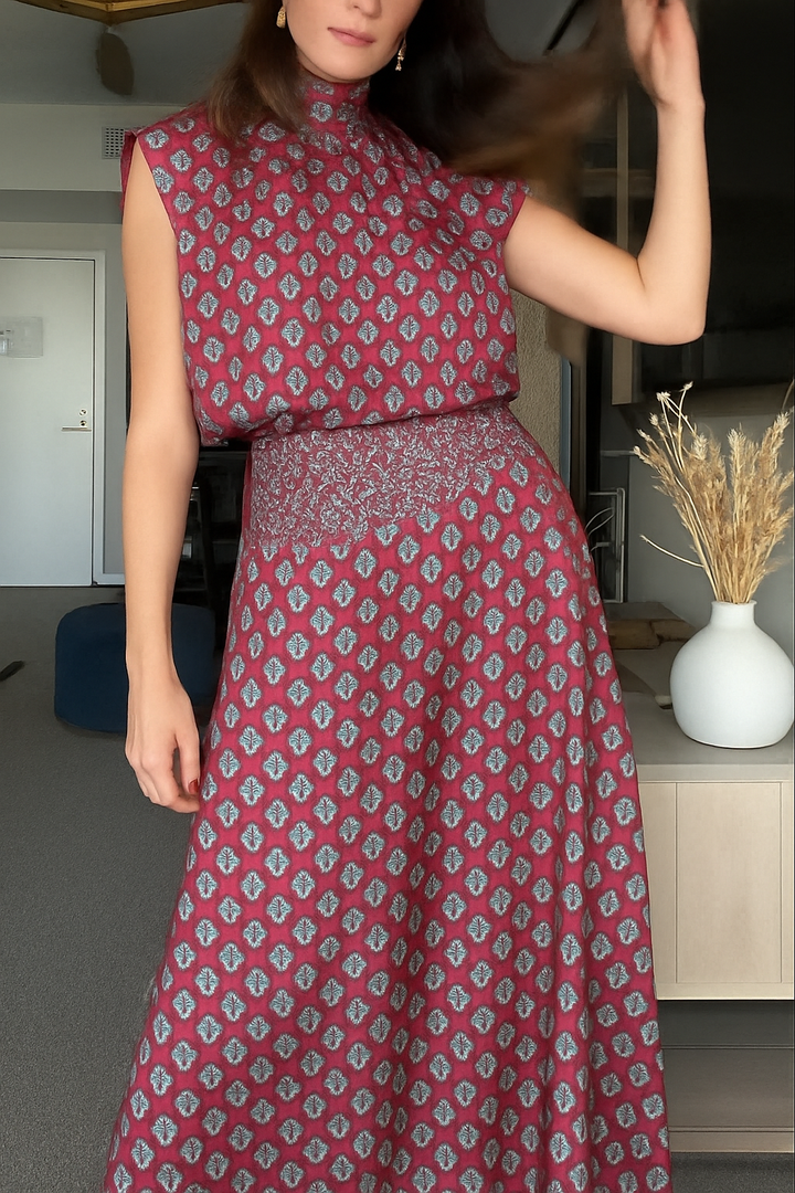 Dalena Satin Art Print High Tie-up Neck Short Sleeve Top and High Rise Maxi Skirt Set
