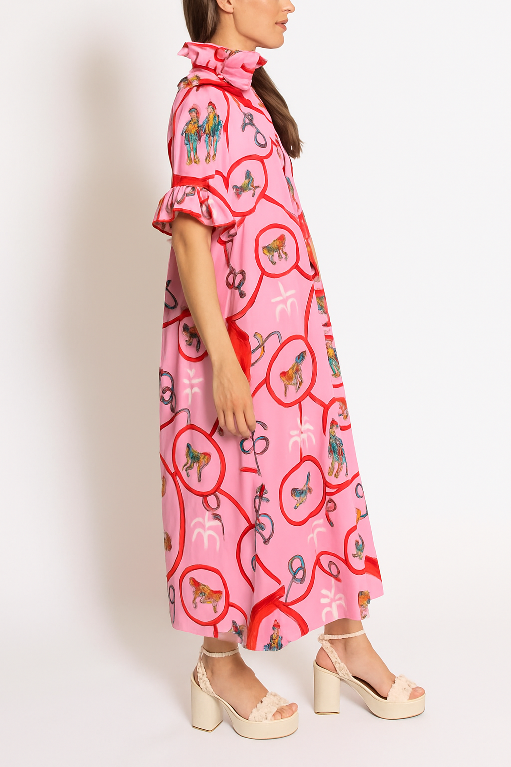Churchill Social Playful Warhorse Print Stand Neck Ruffle Sleeve Belted Pocket Caftan Midi Dress