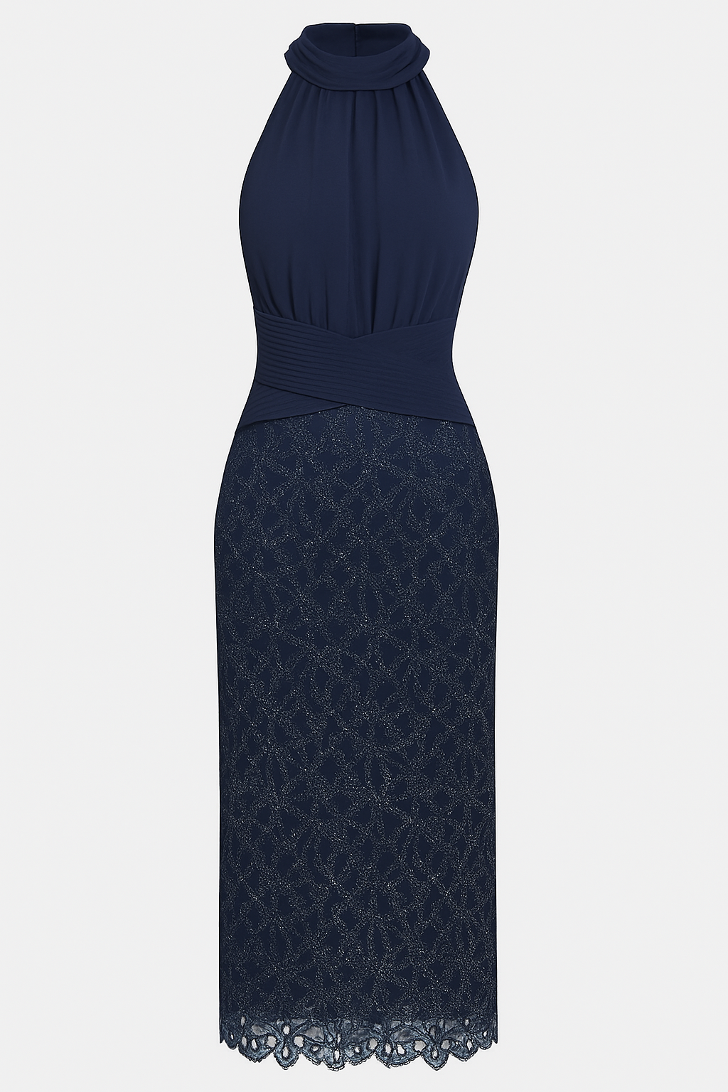 Jamie Ruched Halter Neck Sleeveless Lace Jacquard Hem Midi Dress