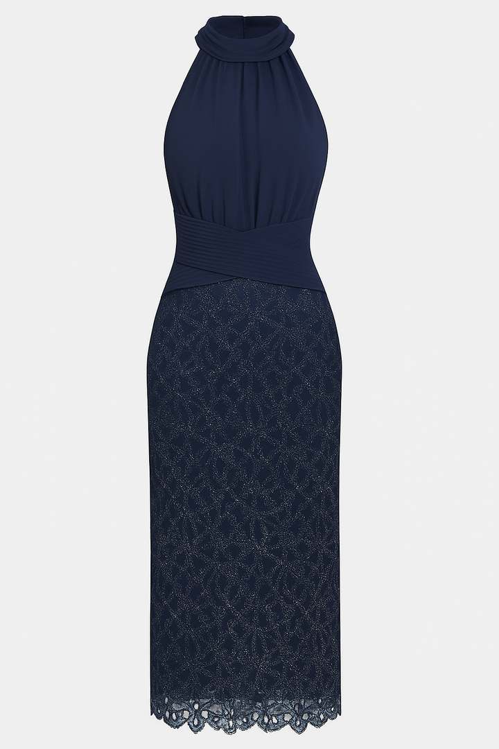 Jamie Ruched Halter Neck Sleeveless Lace Jacquard Hem Midi Dress