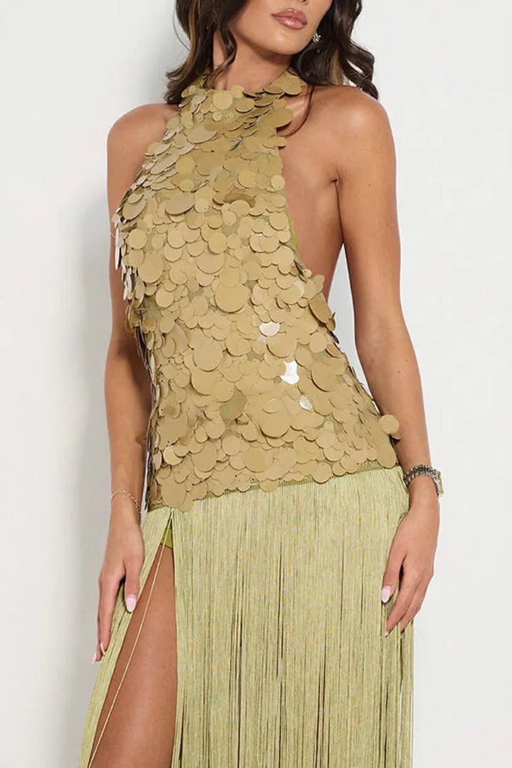 Eye-catching Metallic Disc Sequin Embellishments Overlay Fringe Hem Halter Neck Maxi Dress