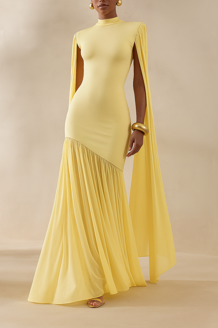 Elegant High-Neck Cape Detail Maxi Dress