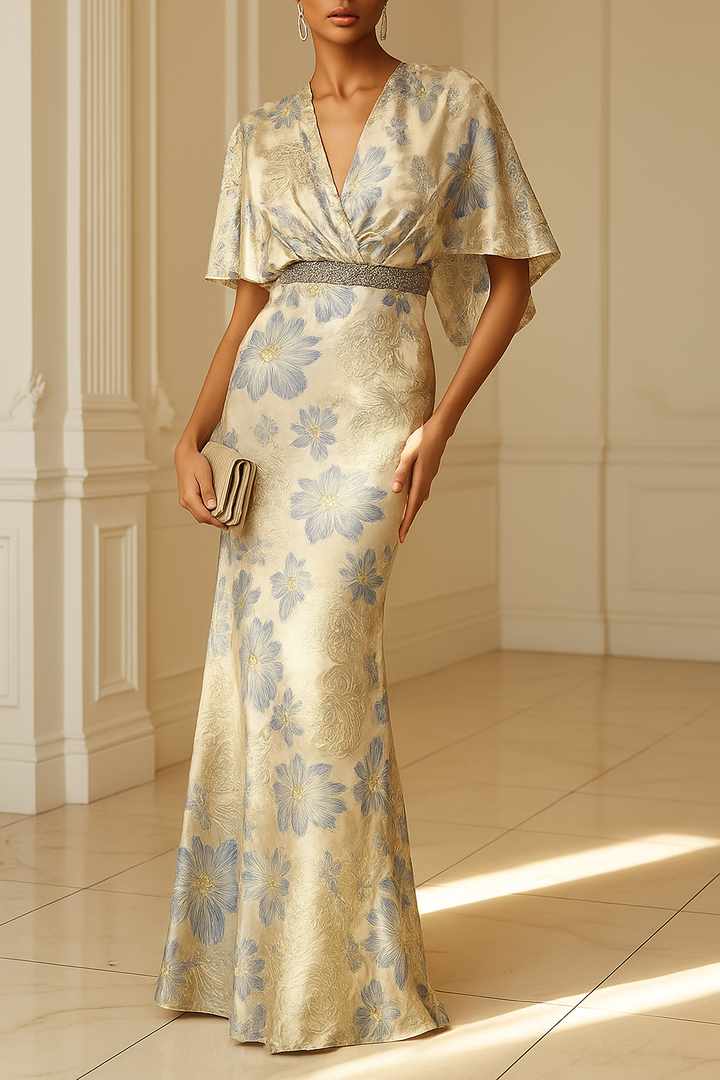 Ellie Floral Textured Diamond-embellished Belt Half Sleeve Mermaid Gown Maxi Dress