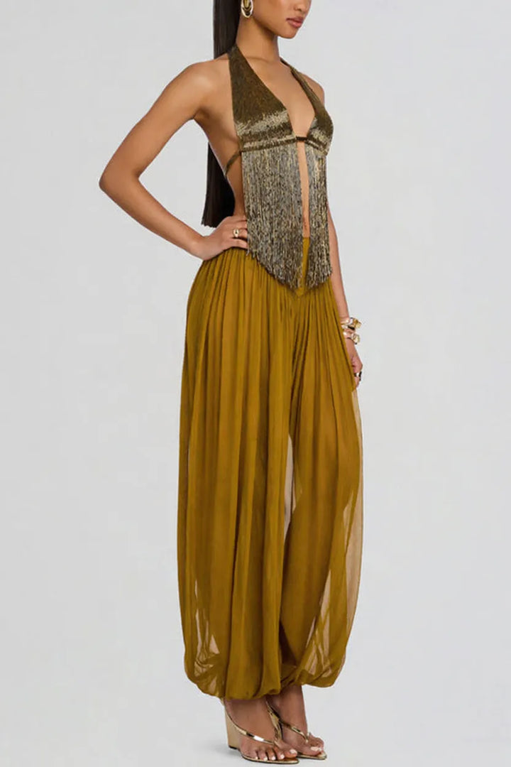 Sereya Triangle Cup Tube-bead Fringe Halter Backless Top