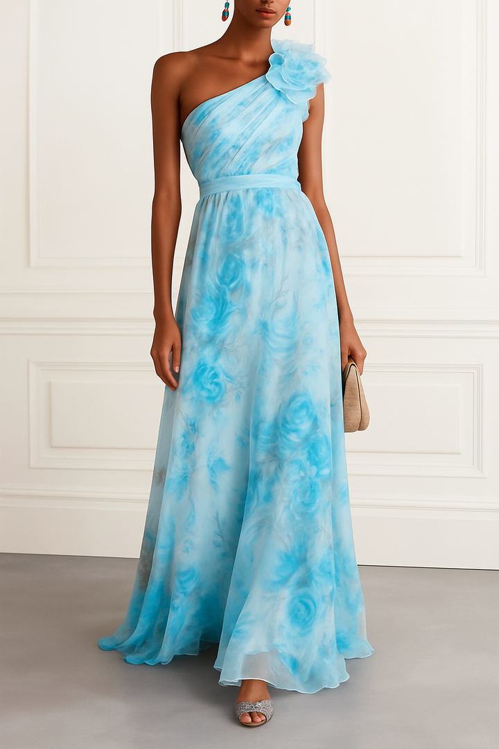 Verne Chiffon 3D Floral One Shoulder Pleated Sleeveless A-Line Gown Maxi Dress