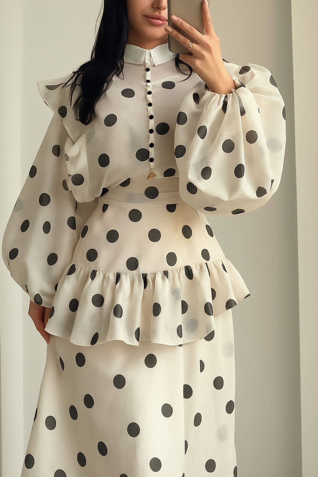 Stylish Polka Dot Print Stand Collar Long Sleeve Elegant Ruffle Maxi Dress