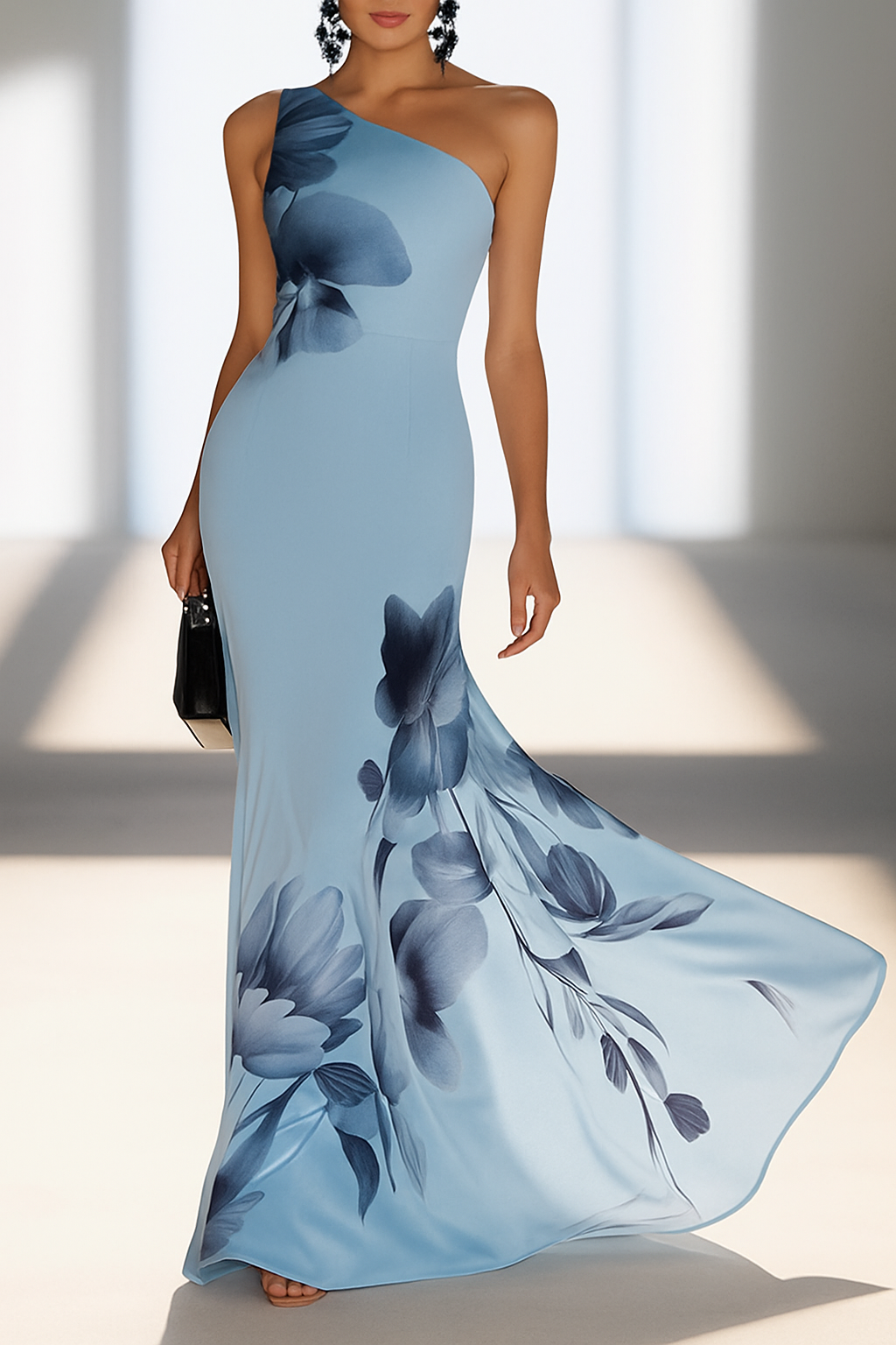 Floral Print One-shoulder Sleeveless Elegant Slim-fit Maxi Dress