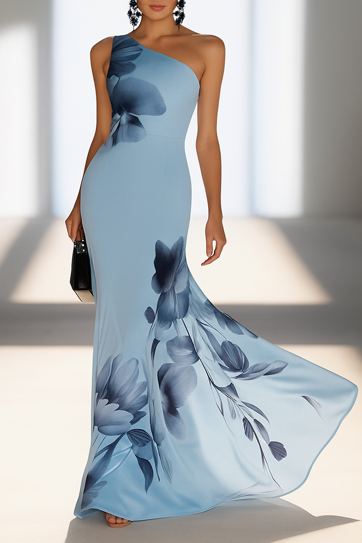 Floral Print One-shoulder Sleeveless Elegant Slim-fit Maxi Dress