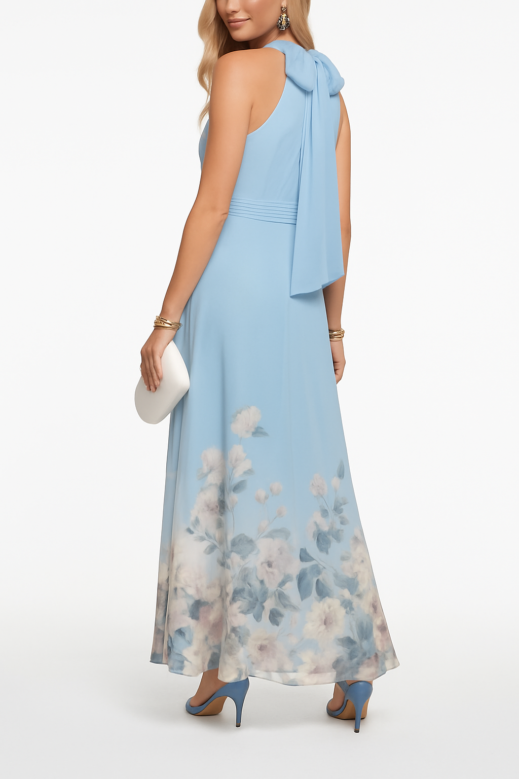 Floral Print Halter Neck Sleeveless Elegant Waist-cinching Maxi Dress