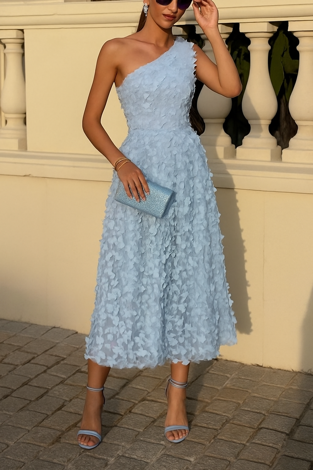Lynelle Tulle 3D Floral Butterfly One Shoulder Sleeveless A-Line Midi Dress