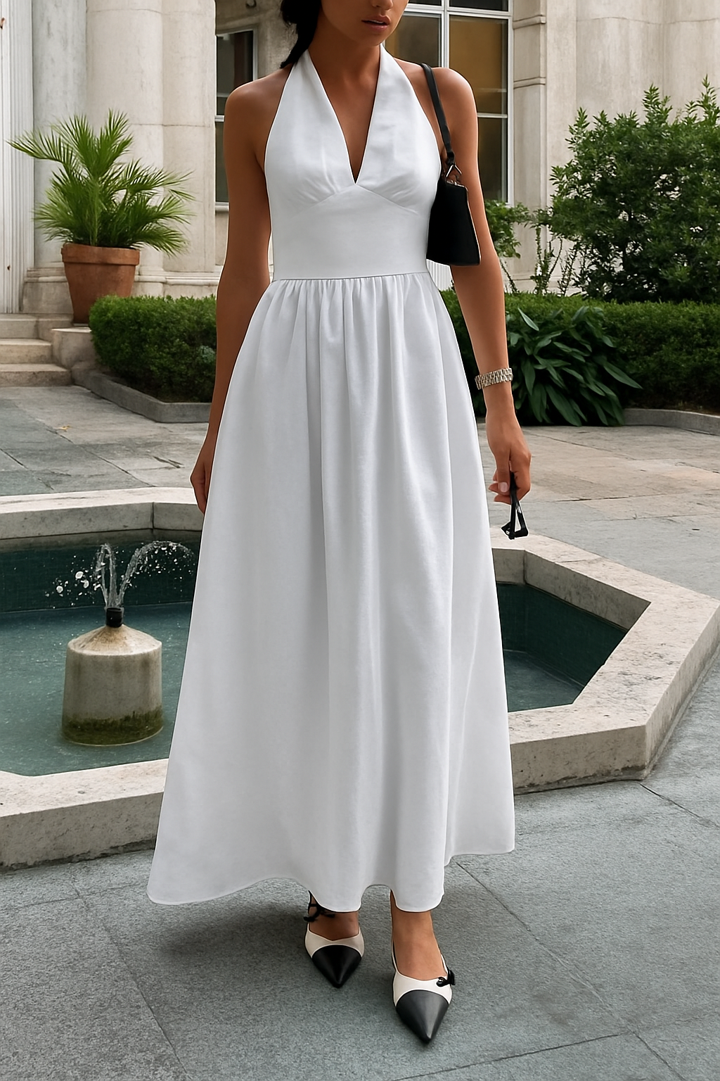 Solid Color Halter Neck Tie Elegant Backless Waist-cinching Maxi Dress