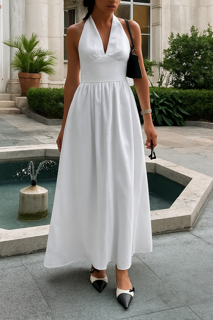 Solid Color Halter Neck Tie Elegant Backless Waist-cinching Maxi Dress