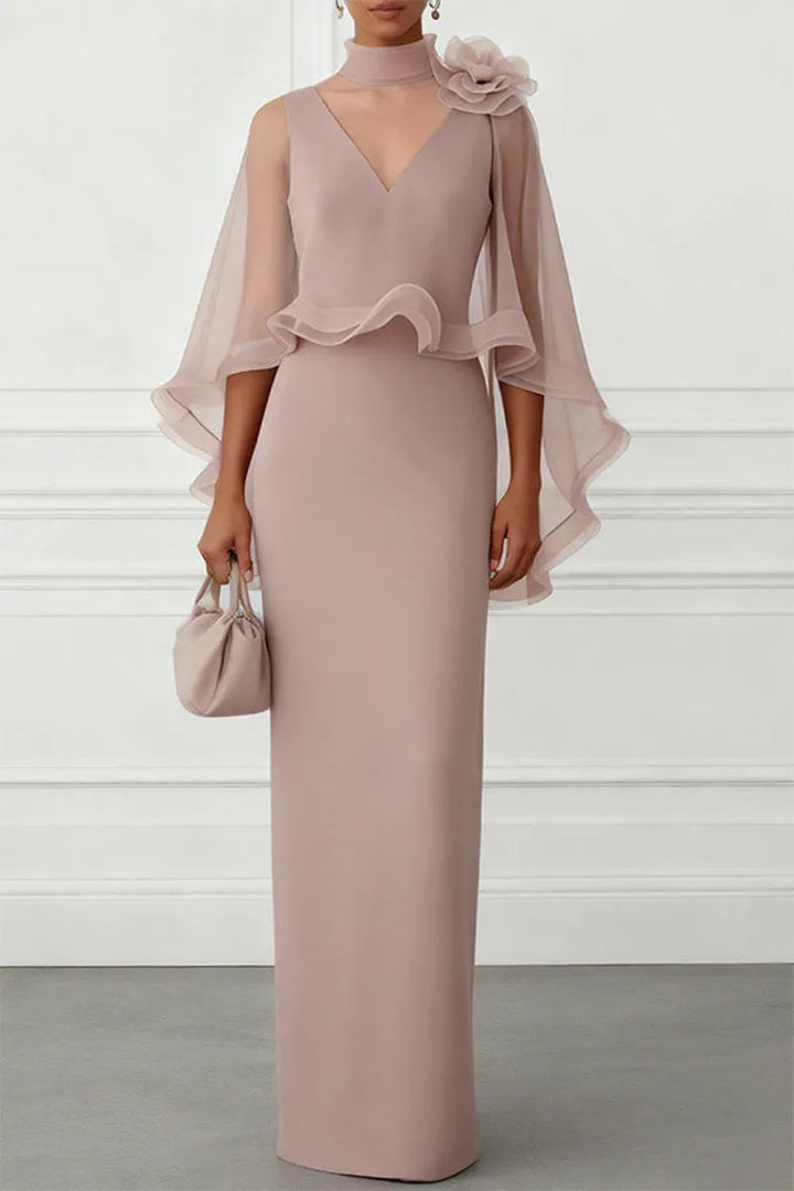Tallisa 3D Floral Mesh Mock Neck Half Cape Sleeve Gown Maxi Dress
