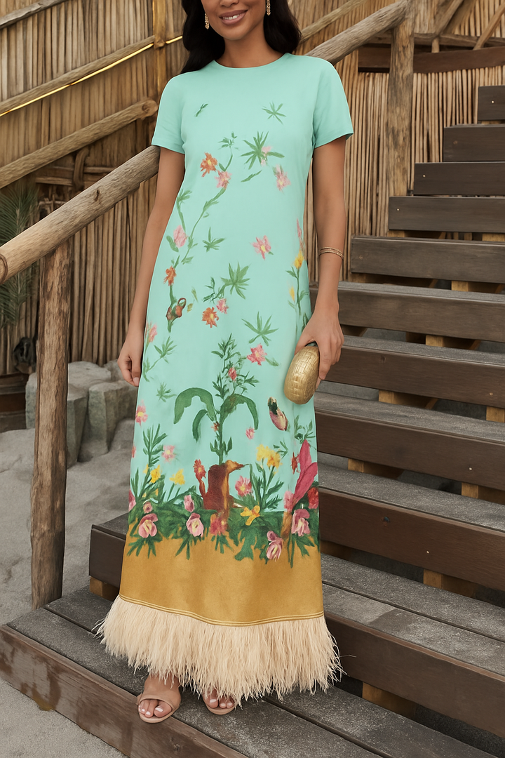 Mezcal Satin Floral Print Contrast Color Printed Short Sleeve Pocket Feather Trim Maxi Dress