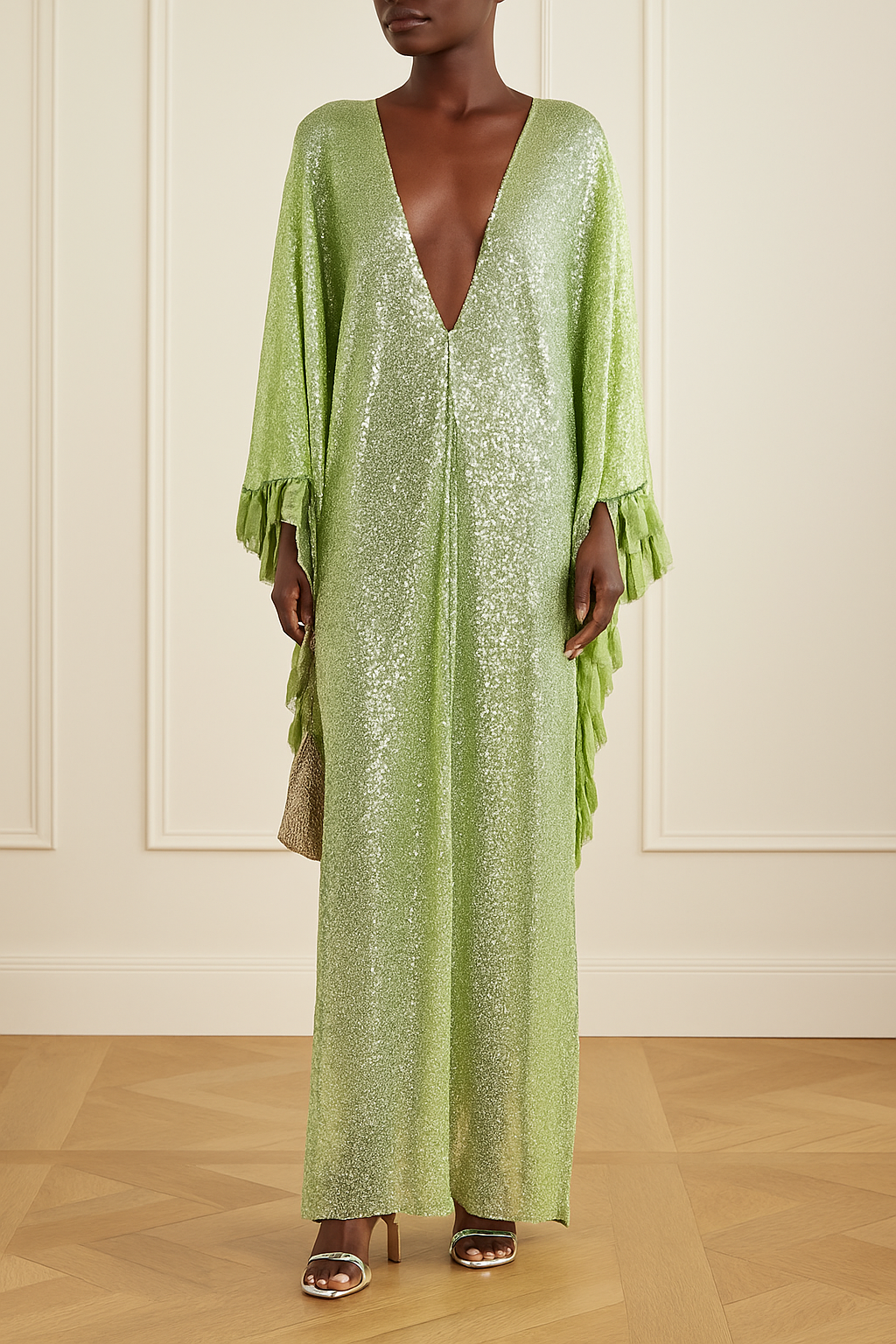 Gianna Sequin Deep V-neck Batwing Sleeve Fringed Trim Slit Gown Maxi Dress