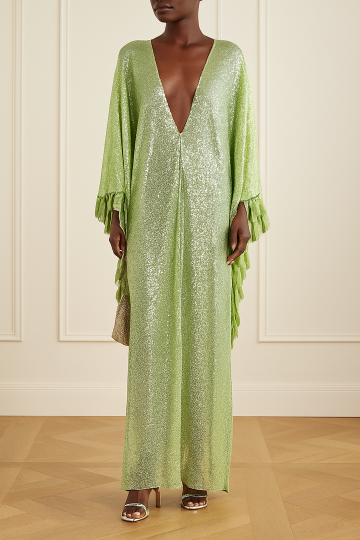 Gianna Sequin Deep V-neck Batwing Sleeve Fringed Trim Slit Gown Maxi Dress