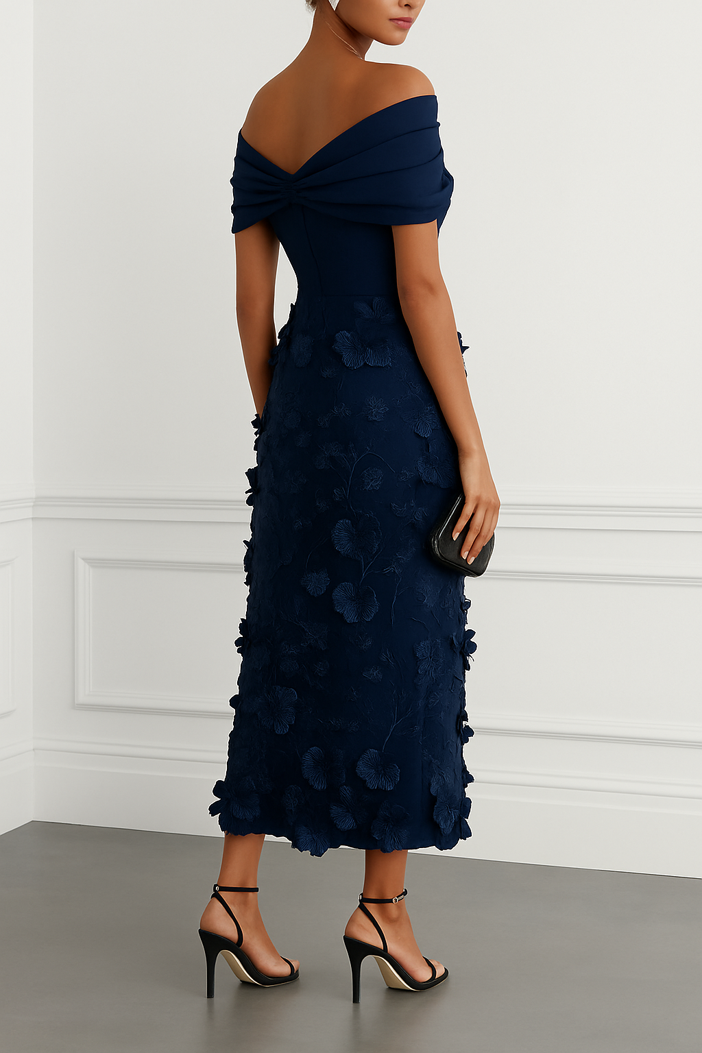 Classic 3D Floral Embroidery Off The Shoulder Short Sleeve Sheath Midi Dress