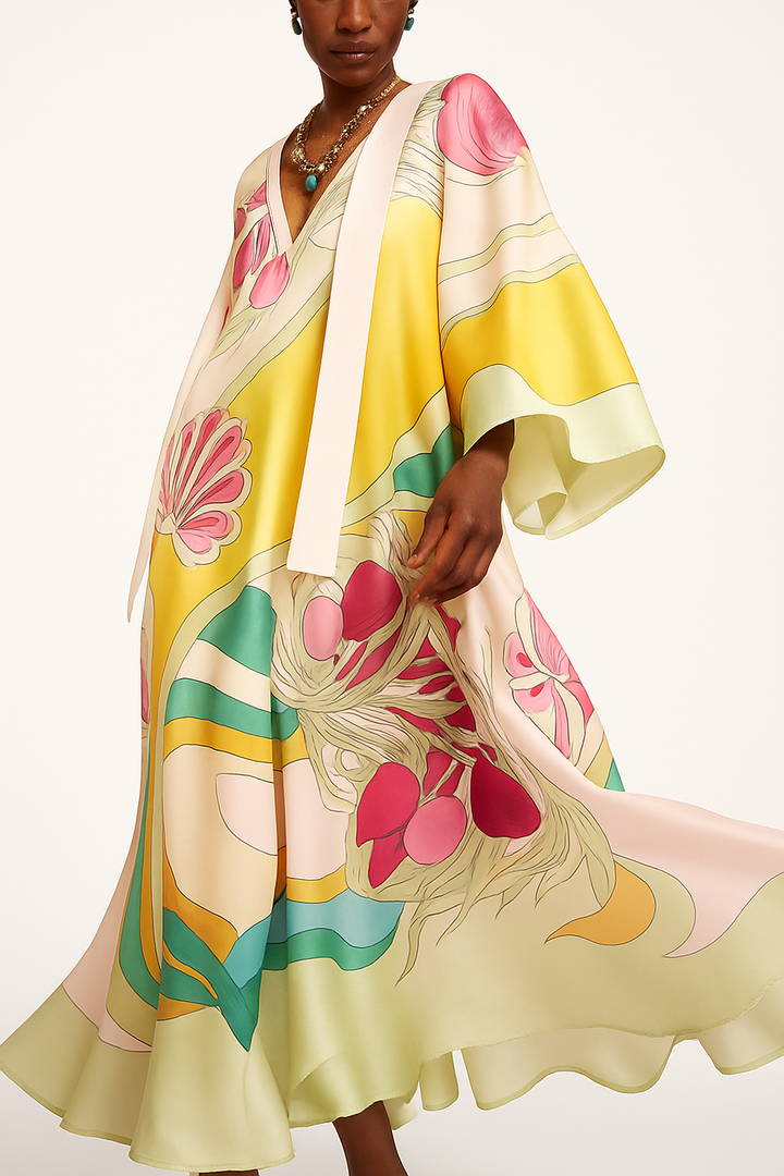 Darla Satin Colorful Baroque Style Printed Tie-up Neck Bell Sleeve Maxi Dress
