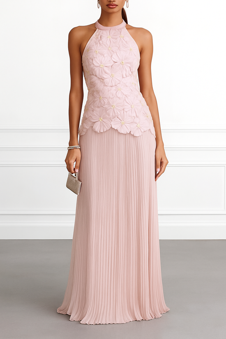 Emilie 3D Floral Embroidery Pleated Chiffon Hem Halter Neck Sleeveless Maxi Dress