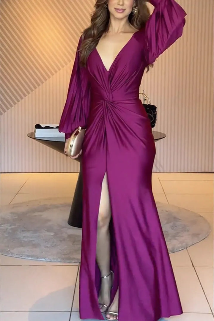 Raise A Toast Satin Long Balloon Sleeve Twist Waist Slit Maxi Dress