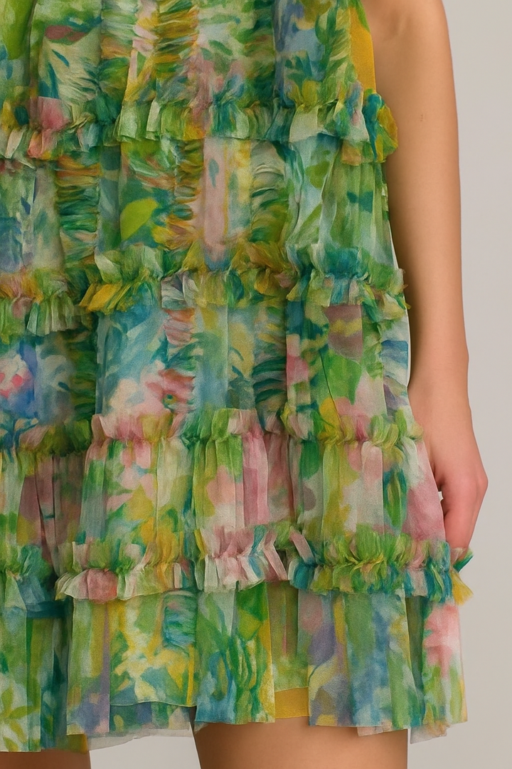 Lorei Mesh Floral Print High Neck Sleeveless Ruffle Trim A-line Mini Dress
