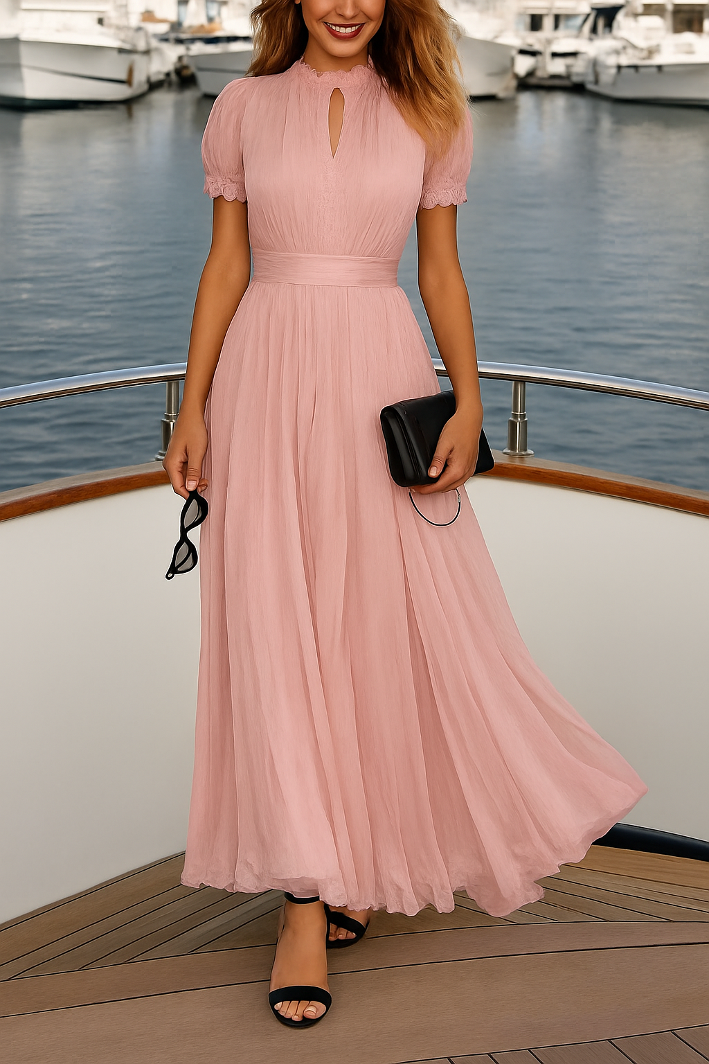 Lamberty Chiffon Lace Trim Cutout Neck Puff Sleeve Elastic Waist Maxi Dress