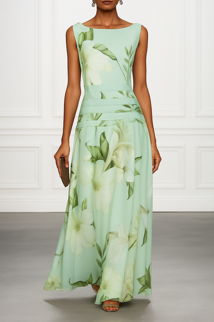 Classic Floral Print Boat Neck Ruched Waist Sleeveless A-Line Maxi Dress