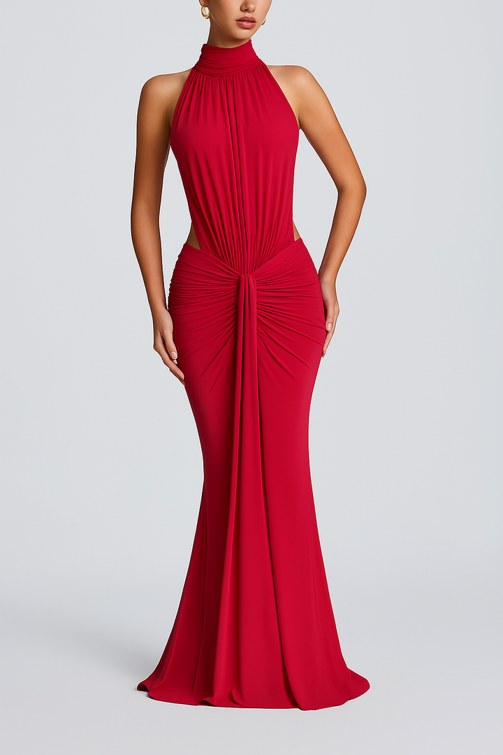 Thekla Stretch Slinky Jersey High Neck Ruched Backless Drape Maxi Dress