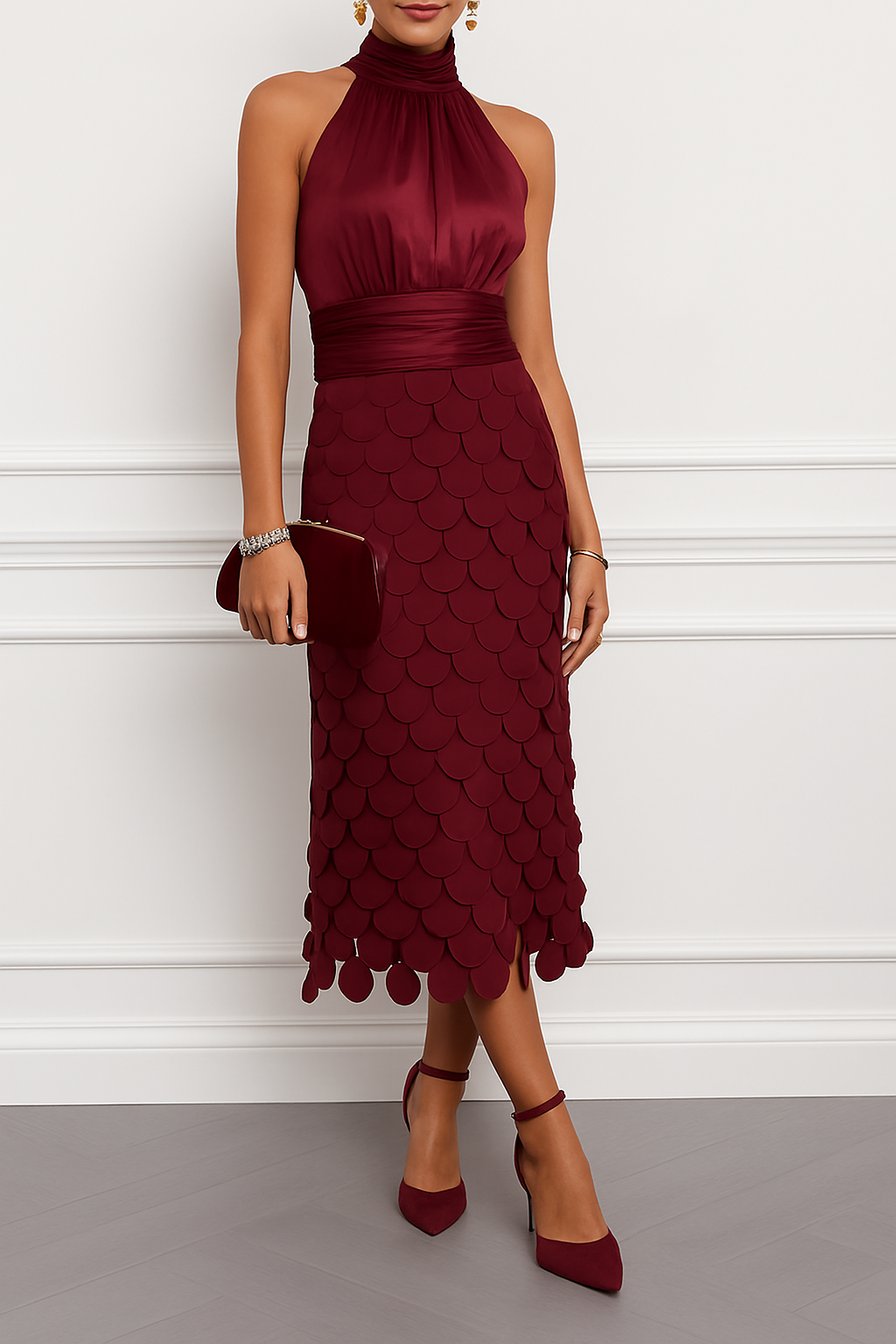 Janice Satin Ruched Halter Neck Sleeveless Embroidered Polka Dot Hem Midi Dress
