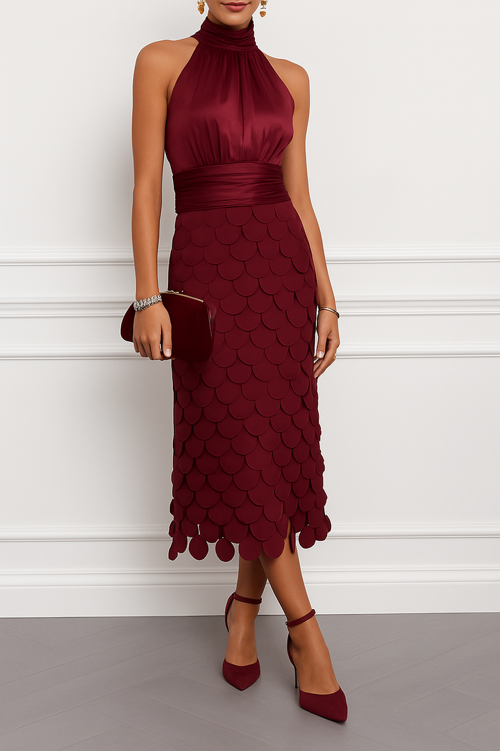 Janice Satin Ruched Halter Neck Sleeveless Embroidered Polka Dot Hem Midi Dress