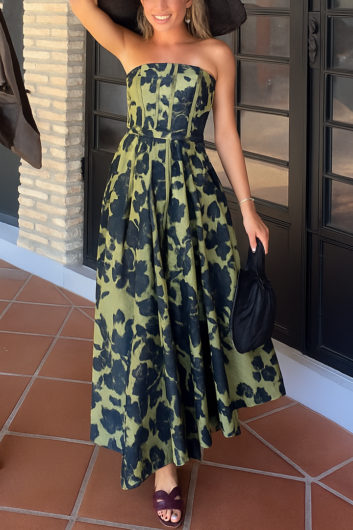 Elara Linen Blend Floral Print Princess Line Design Detachable Sleeves Maxi Dress