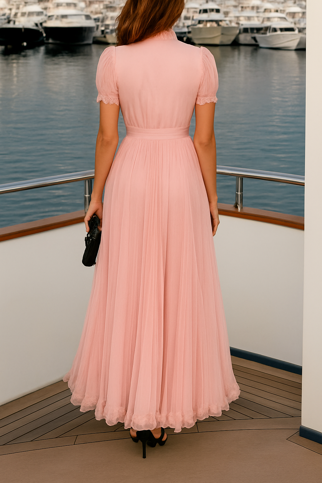 Lamberty Chiffon Lace Trim Cutout Neck Puff Sleeve Elastic Waist Maxi Dress