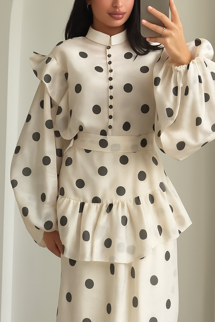 Stylish Polka Dot Print Stand Collar Long Sleeve Elegant Ruffle Maxi Dress