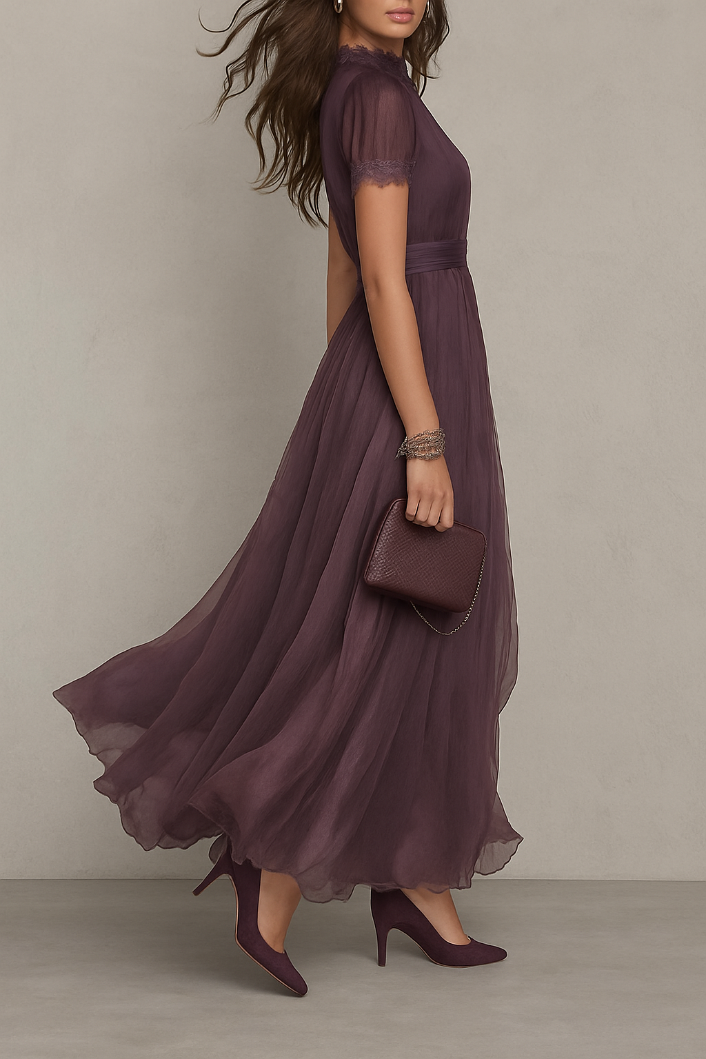 Elegant Lace Trim Keyhole Puff Sleeve Flowing Chiffon Maxi Dress