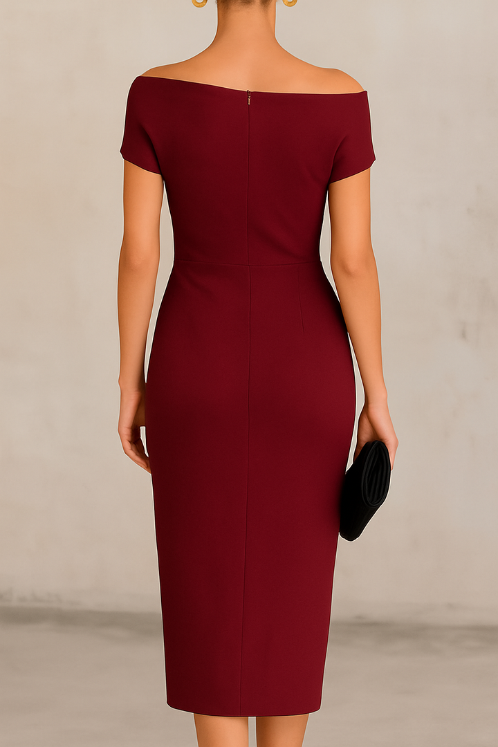 Solid Color Short-sleeved Fitted Waist Pleated Elegant Midi Dress