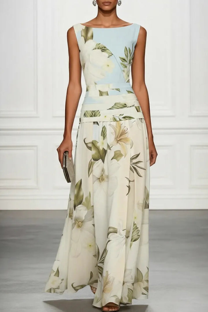 Classic Floral Print Boat Neck Ruched Waist Sleeveless A-Line Maxi Dress