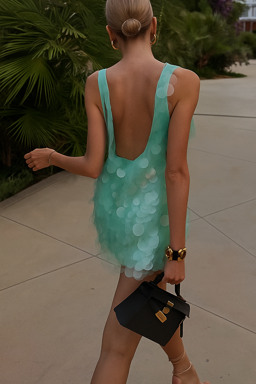Shimmer and Glisten Sequin Boat Neck Sleeveless Open Back Mini Dress