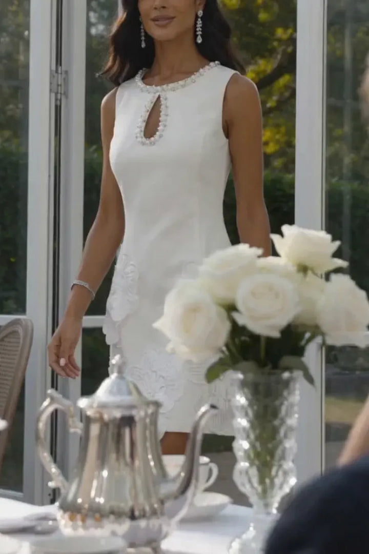 Delicate Silhouette Pearl Trim Cutout Neck Sleeveless 3D Florals Hem Mini Dress
