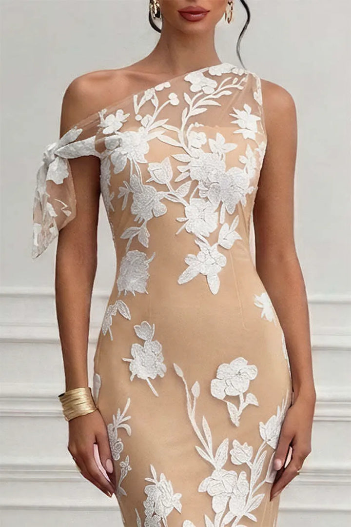Kylen Floral Embroidery Bow Lace One Shoulder Sleeveless Sheath Maxi Dress