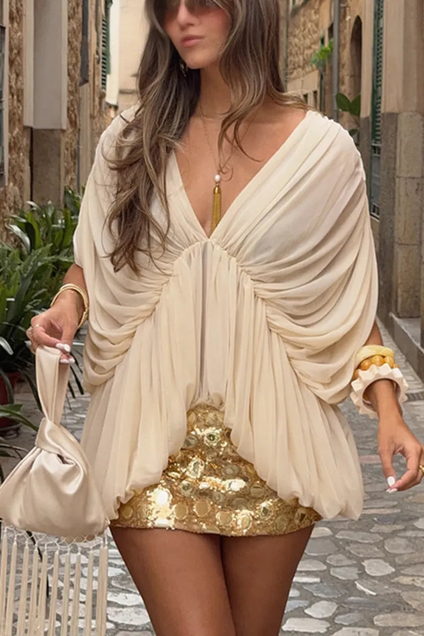 Ethereal and Romantic Ruched Chiffon V-neck Batwing Sleeves Blouse