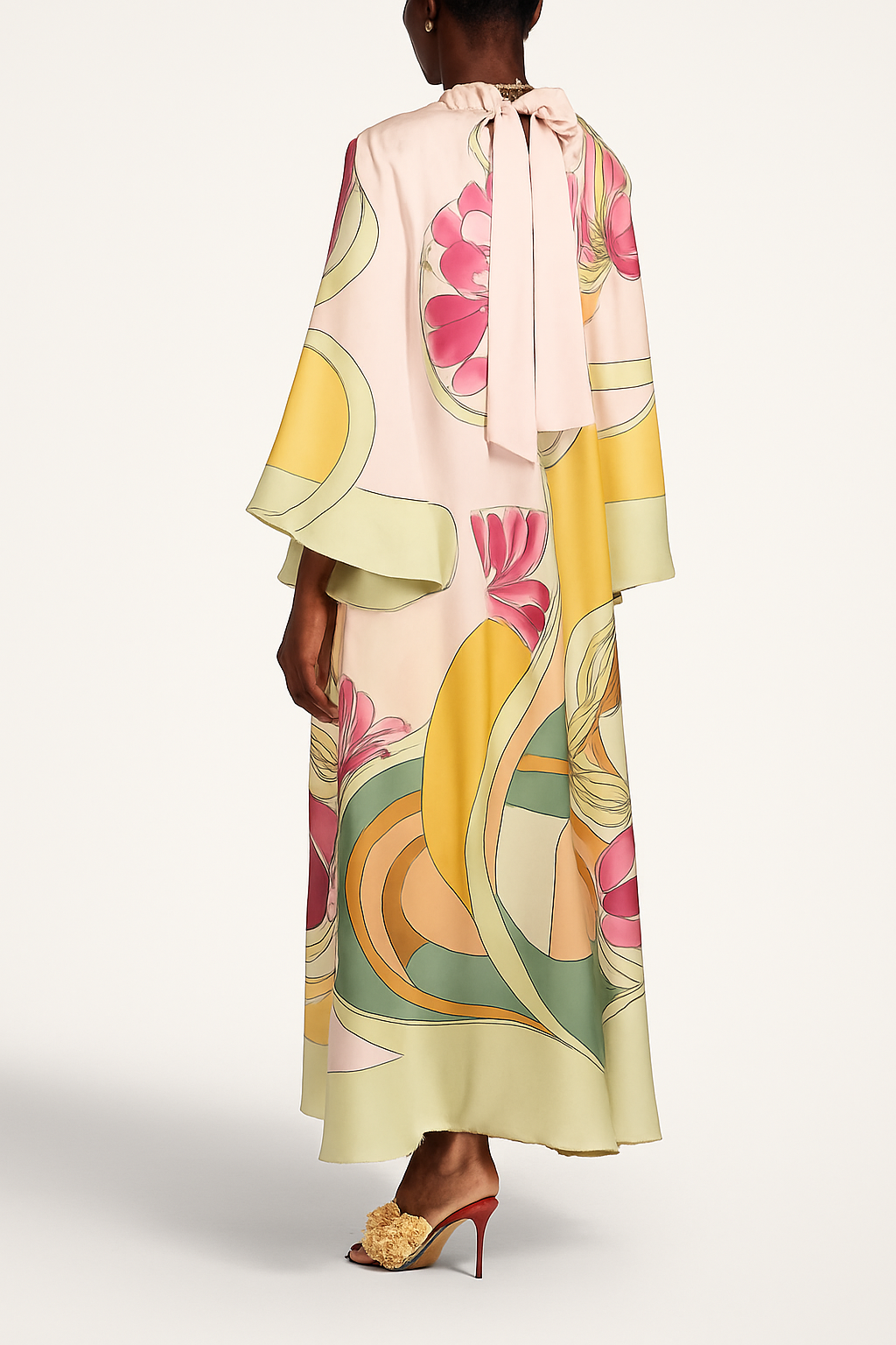 Darla Satin Colorful Baroque Style Printed Tie-up Neck Bell Sleeve Maxi Dress
