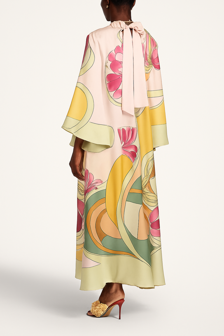 Darla Satin Colorful Baroque Style Printed Tie-up Neck Bell Sleeve Maxi Dress