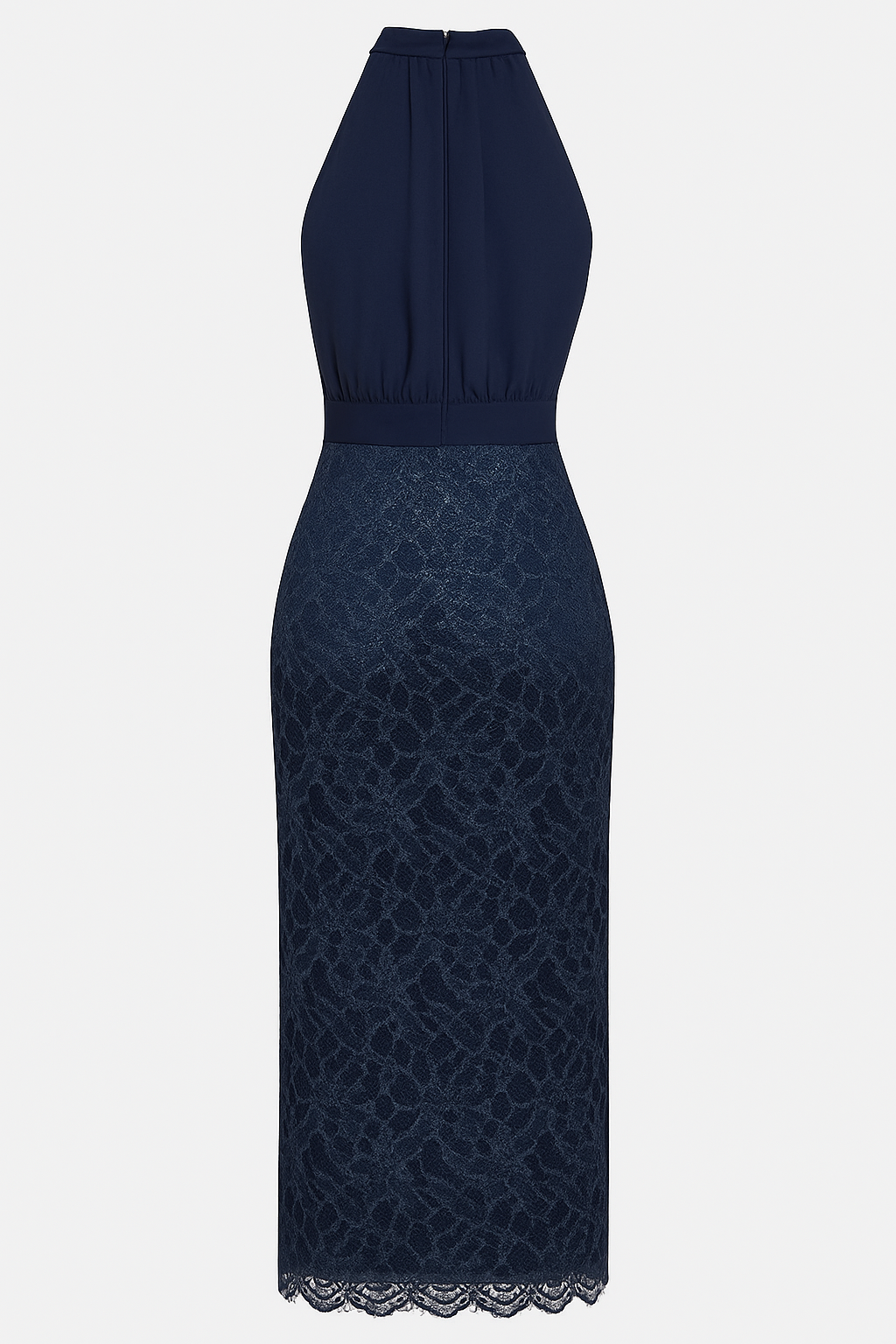 Jamie Ruched Halter Neck Sleeveless Lace Jacquard Hem Midi Dress