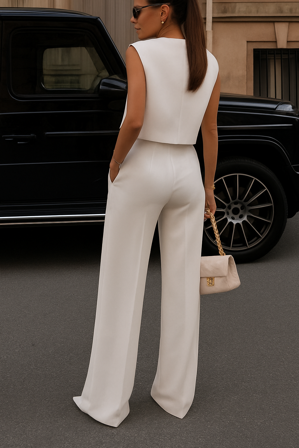 Office Hours V-neck Button Tank and Pleated High Rise Pocket Loose Pants Set