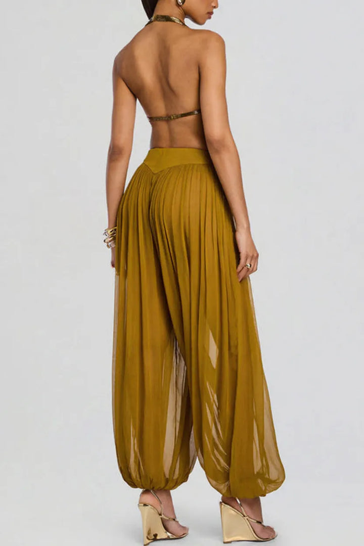 Sereya Triangle Cup Tube-bead Fringe Halter Backless Top