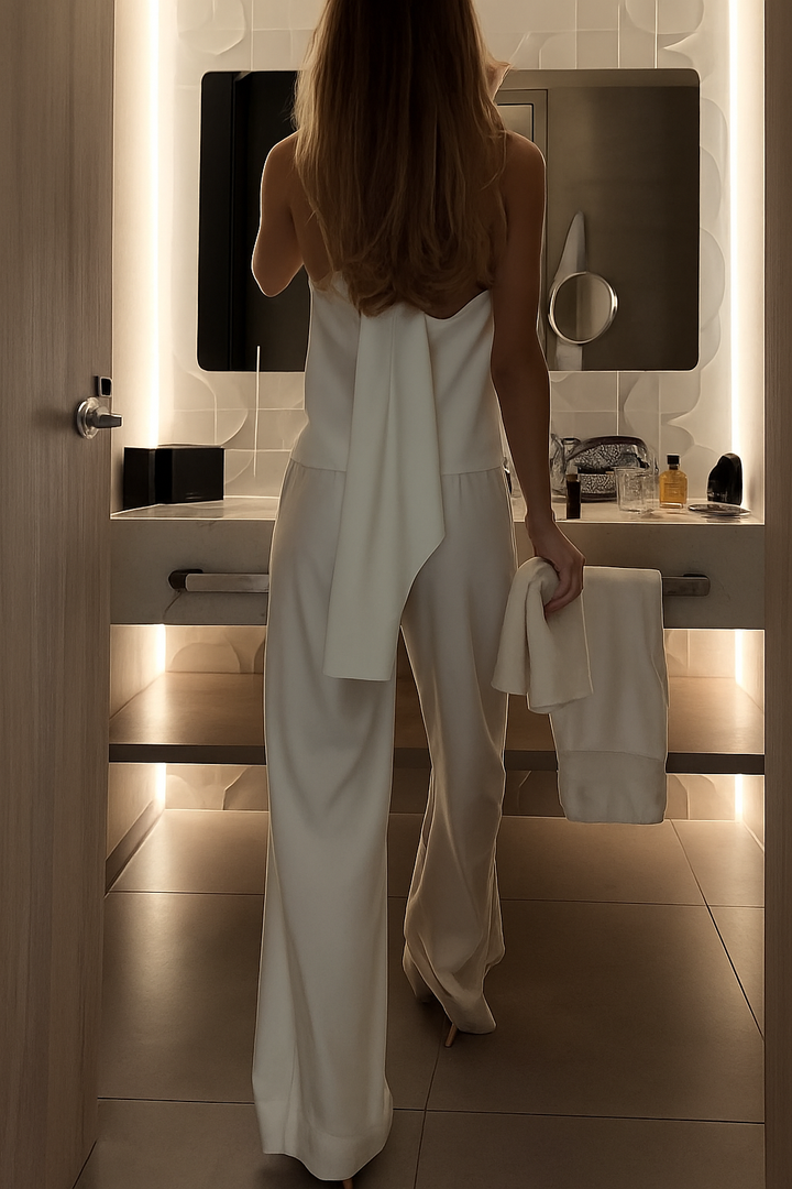 Modern Day Glam Satin Halter Tie-up Tank and Elastic Waist Wide Leg Pants Set